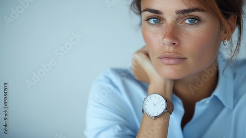 A woman in blue attire with freckles and relaxed expression rests her chin on her hand, wearing a classic watch on her wrist, suggesting calmness and introspection. photo