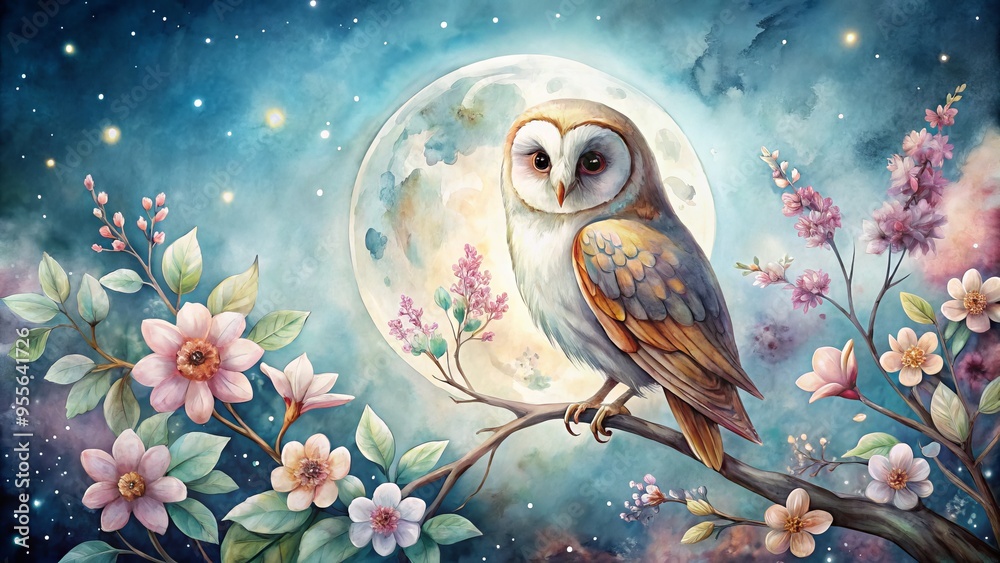 Whimsical watercolor illustration of a wise owl perched on a moonlit branch, surrounded by delicate flowers and leaves, Whimsical watercolor illustration of a wise owl perched on a moonlit branch, surrounded by delicate flowers and leaves,