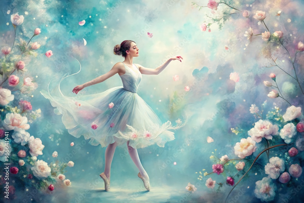 Whimsical watercolor painting of a delicate ballerina in soft, pastel hues, surrounded by ethereal blooms and swirling Whimsical watercolor painting of a delicate ballerina in soft, pastel hues, surrounded by ethereal blooms and swirling