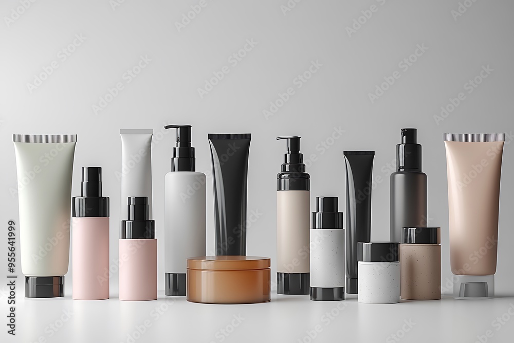 A variety of cosmetic containers on a minimalist background. A variety of cosmetic containers on a minimalist background.
