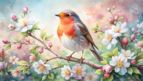 Whimsical watercolor painting of a cheerful robin perched on a blooming branch, surrounded by delicate flowers and