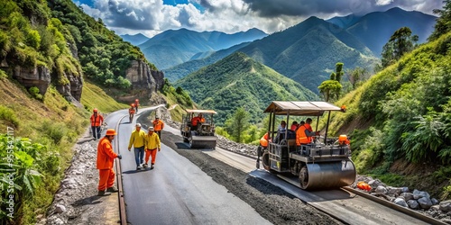 Workers in orange vests and hard hats operate heavy machinery and lay asphalt on a winding mountain road photo