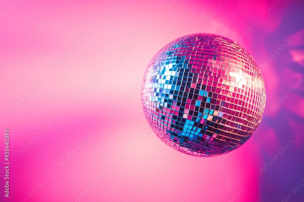 Obraz premium Colorful disco ball against a vibrant pink background, party concept. 