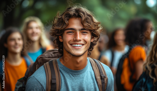 A young man with a backpack is smiling and posing for a picture. He is surrounded by other people, some of whom are also smiling. Scene is happy and friendly photo