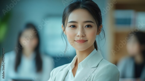 an assertive asian female leader leads a training session for employees in a vibrant conference room, focusing on growth and development with a business concept banner photo