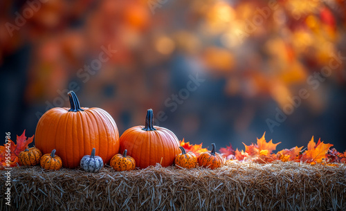 A bunch of pumpkins are on a hay bale. The pumpkins are orange and some are white