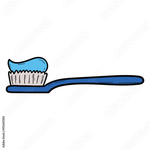 Hand drawn cartoon blue toothbrush with toothpaste on white background. Dental care, dentistry.