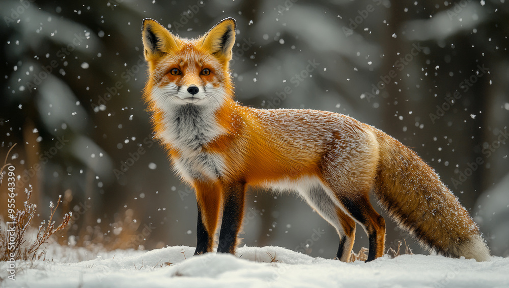 A red fox stands in the snow, looking at the camera. Concept of solitude and stillness, as the fox is the only living creature visible in the scene A red fox stands in the snow, looking at the camera. Concept of solitude and stillness, as the fox is the only living creature visible in the scene