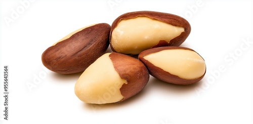 "Close-up of a mix of brown and beige tropical seeds with smooth and textured surfaces, arranged on a clean white background, showcasing their natural beauty and diversity in shape and color."