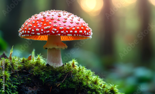 A red mushroom with white spots sits on a mossy log. The mushroom is surrounded by green leaves and the mossy log is covered in green moss. The image has a peaceful and natural feel to it