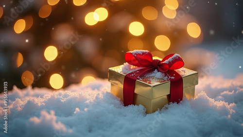 Festive Gift Box with Red Ribbon on Snowy Background