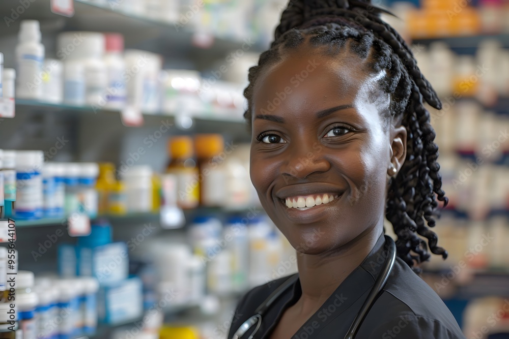 Smiling Pharmacist in a Pharmacy Aisle Surrounded by Medicine Bottles Smiling Pharmacist in a Pharmacy Aisle Surrounded by Medicine Bottles