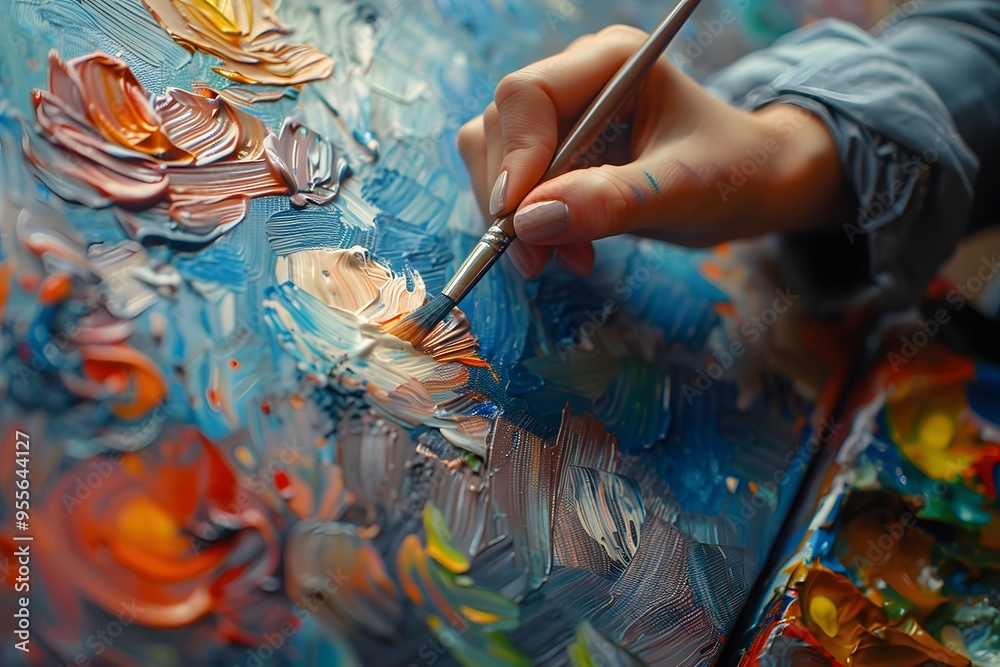 Obraz premium Captivating Close-Up of an Artist's Hand Painting a Colorful Canvas