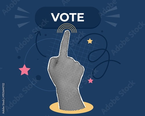 The hand presses the election button. Vote concept. Vector illustration. Trendy Halftone Collage.

