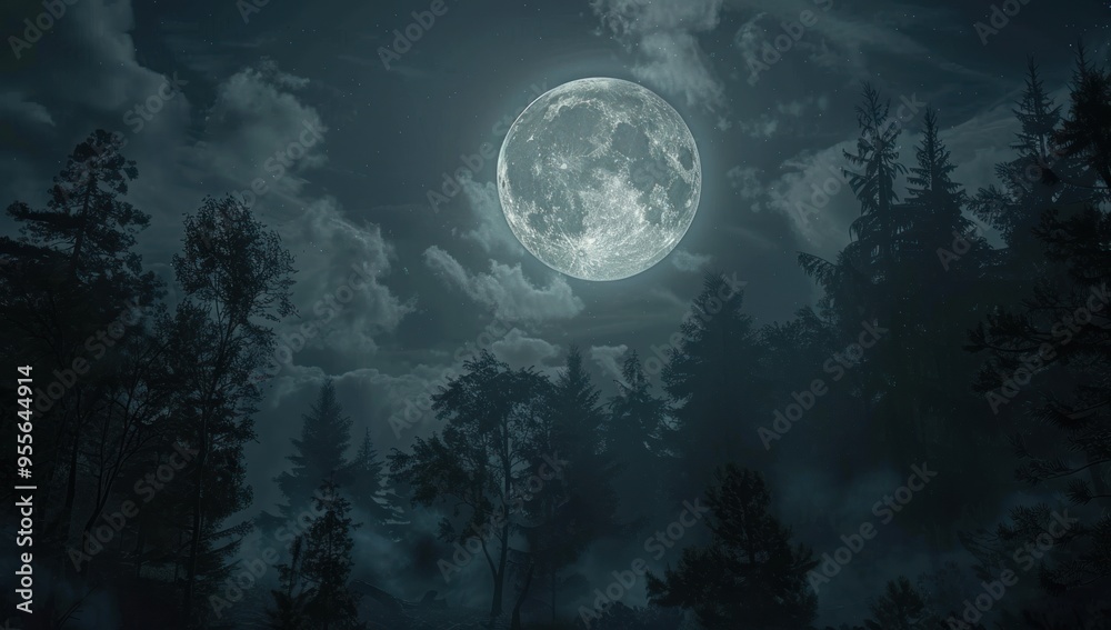 A full moon in the sky, surrounded by trees and dark clouds A full moon in the sky, surrounded by trees and dark clouds