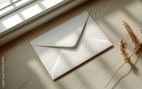 White envelope with a dried flower on a beige background. photo