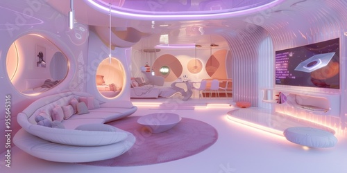 A futuristic children's room with white and pink tones, featuring an oval-shaped bed photo