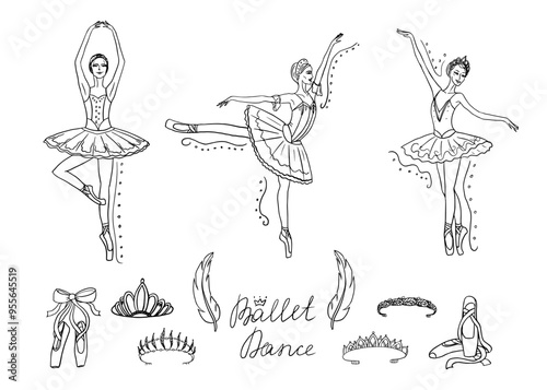 Set of ballet dance in doodle style. Ballet themes. Ballerinas. Grace, pointe shoes, pointe, ballet tutu, feather, diadem, tiara, coronet, swan lake. Hand drawn