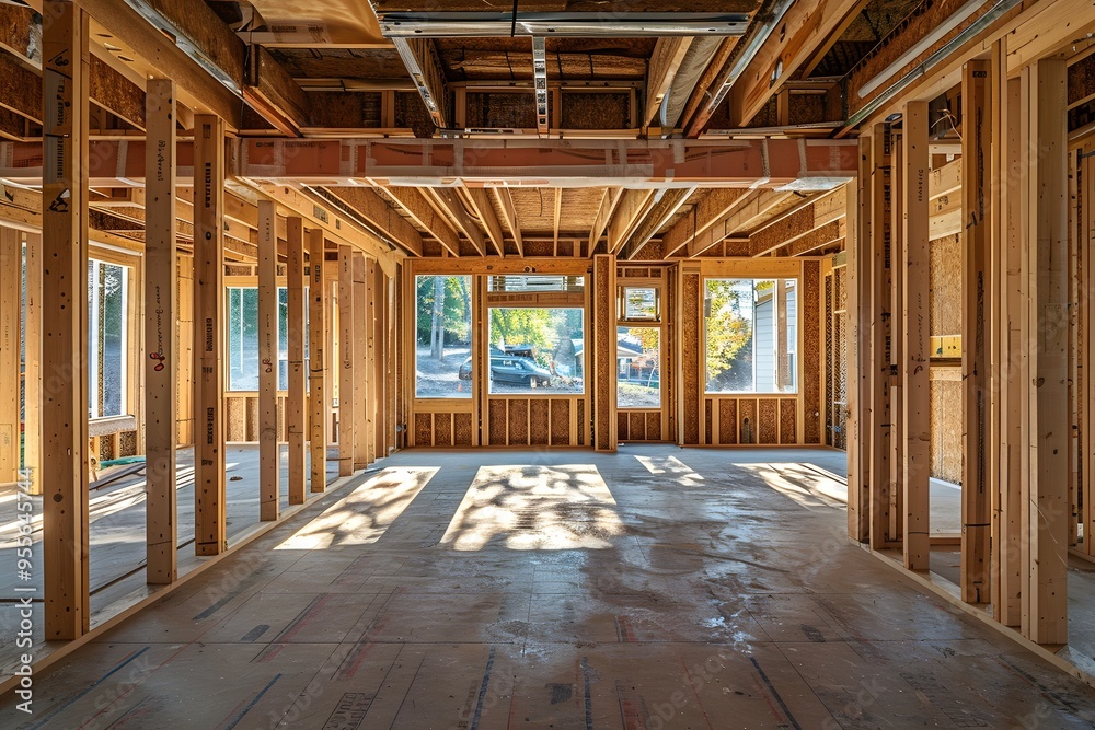 Interior of a Newly Framed House Under Construction with Natural Light Streaming In Interior of a Newly Framed House Under Construction with Natural Light Streaming In