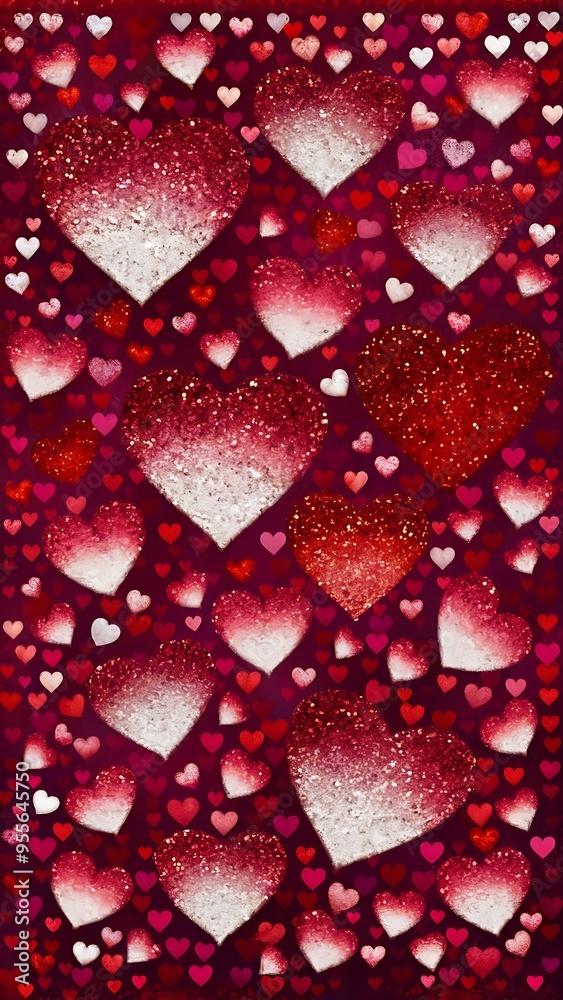 Love themed red background with heart shape glitter hearts in various sizes Love themed red background with heart shape glitter hearts in various sizes