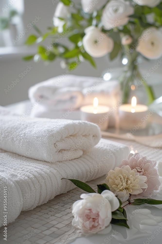 Luxurious white spa bathroom setting with towels, candles, a massage table Luxurious white spa bathroom setting with towels, candles, a massage table