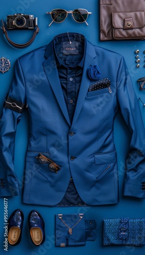A meticulously arranged men's fashion set showcases a blue suit and complementary accessories