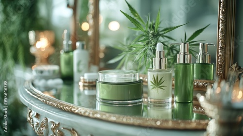 exclusive cannabis-infused skincare products displayed on a chic vanity, raising the bar in the beauty sector with a sophisticated aesthetic