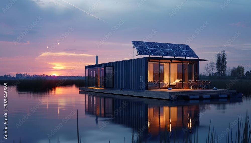 Modern container home with solar panels, set against a calm lake during sunset, showcasing Modern container home with solar panels, set against a calm lake during sunset, showcasing