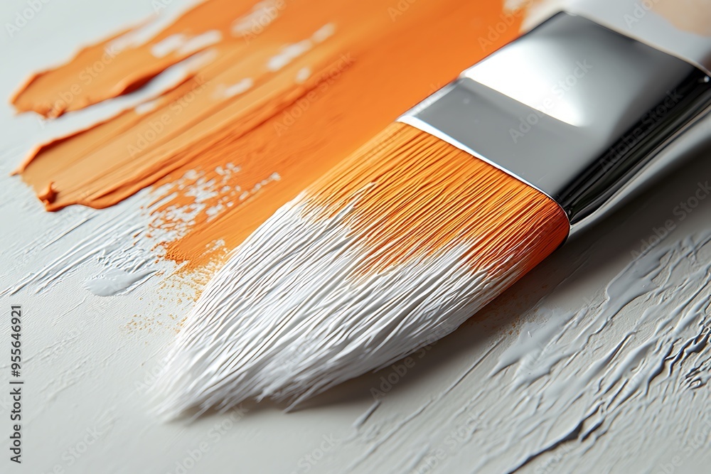Fototapeta premium Orange paint being spread with a brush on white canvas