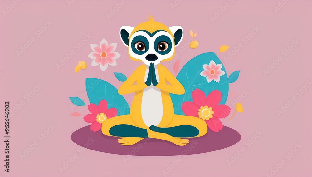 Fototapeta premium cute cartoon lemur in yoga pose , flowers, flat design illustration