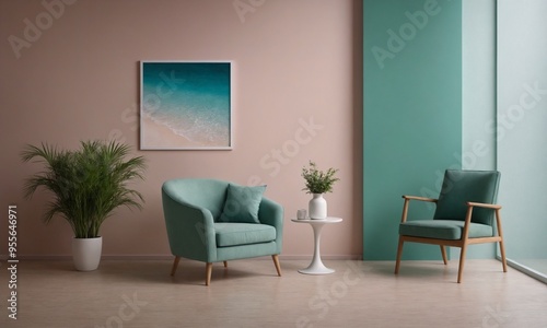 A modern living room with matching furniture theme set and decorative items 3d illustration. An empty wall and art frame mock-up template on the wall.