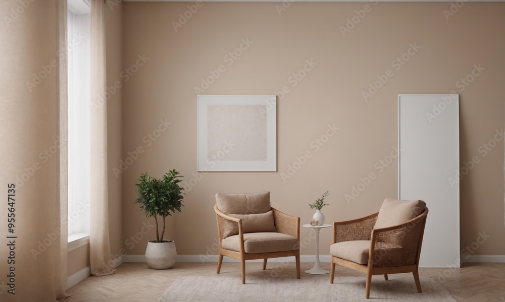 A modern living room with matching furniture theme set and decorative items 3d illustration. An empty wall and art frame mock-up template on the wall. A modern living room with matching furniture theme set and decorative items 3d illustration. An empty wall and art frame mock-up template on the wall.