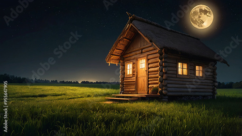 A beautifull wooden hut in the crops in moont night and window warm lights reflaction out side the hut,  photo