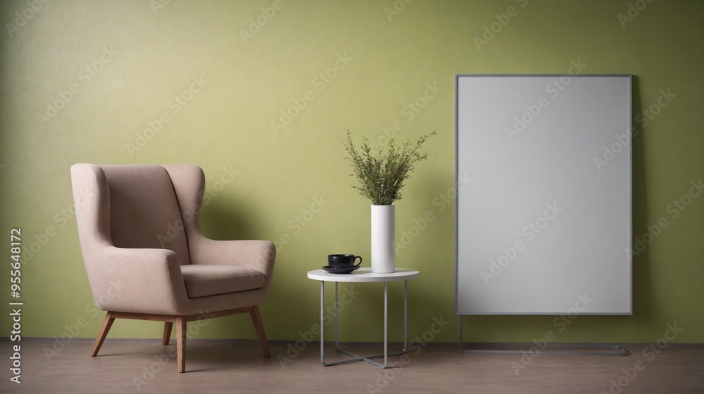 A modern living room with matching furniture theme set and decorative items 3d illustration. An empty wall and art frame mock-up template on the wall. A modern living room with matching furniture theme set and decorative items 3d illustration. An empty wall and art frame mock-up template on the wall.