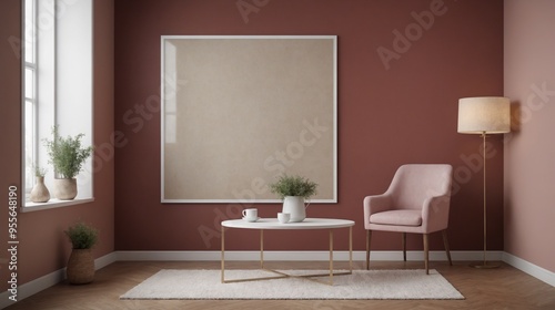 A modern living room with matching furniture theme set and decorative items 3d illustration. An empty wall and art frame mock-up template on the wall.