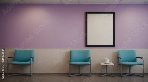 A modern living room with matching furniture theme set and decorative items 3d illustration. An empty wall and art frame mock-up template on the wall.