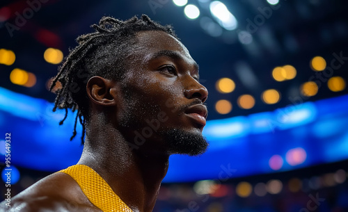 A man with dreadlocks and a beard is sweating in a sports arena. He looks tired and exhausted photo