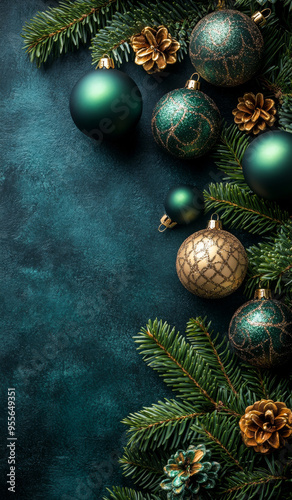 A green and gold Christmas tree with many ornaments. The tree is surrounded by a blue background