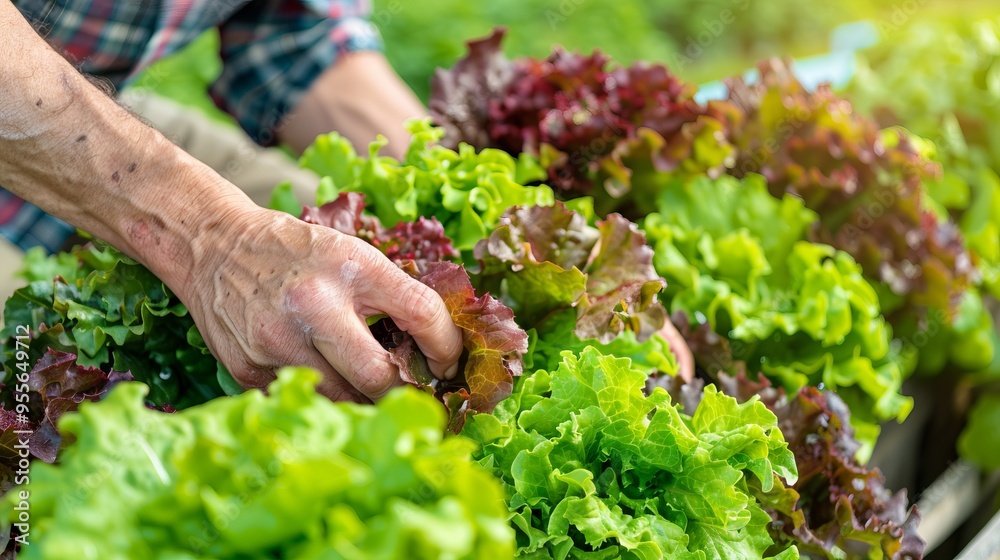 Elderly Farmer Picking Fresh Green and Red Lettuce in a Garden. Concept of Agriculture, Organic Farming, Harvesting Vegetables, Sustainable Food Production Elderly Farmer Picking Fresh Green and Red Lettuce in a Garden. Concept of Agriculture, Organic Farming, Harvesting Vegetables, Sustainable Food Production
