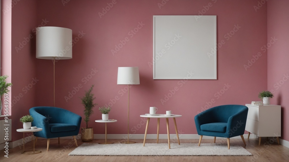 A modern living room with matching furniture theme set and decorative items 3d illustration. An empty wall and art frame mock-up template on the wall. A modern living room with matching furniture theme set and decorative items 3d illustration. An empty wall and art frame mock-up template on the wall.
