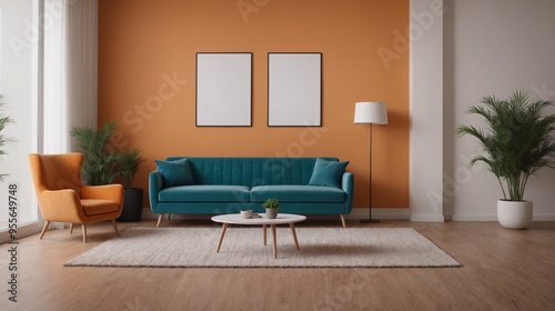 A modern living room with matching furniture theme set and decorative items 3d illustration. An empty wall and art frame mock-up template on the wall.