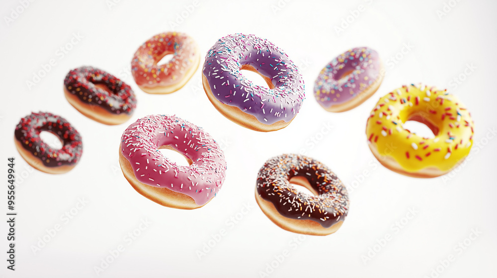 sweet donuts of different colours isolated on white background , donuts fly over white background sweet donuts of different colours isolated on white background , donuts fly over white background