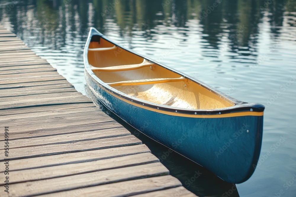 A bright blue canoe rests along a wooden dock by the serene waters of a tranquil lake during midday A bright blue canoe rests along a wooden dock by the serene waters of a tranquil lake during midday