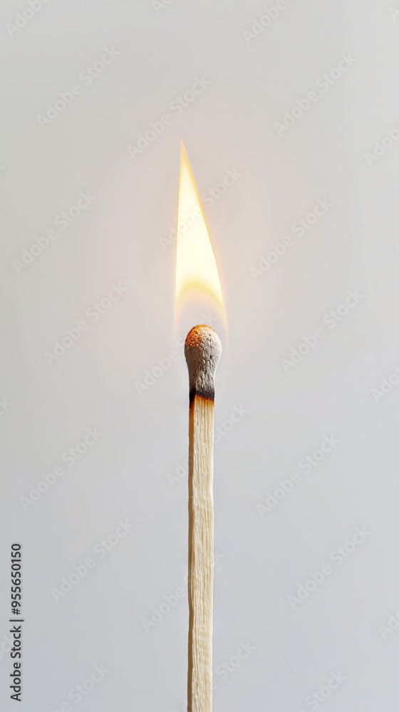 Lit matchstick with white background Concept of fire ignition light flame combustion. Vertical Lit matchstick with white background Concept of fire ignition light flame combustion. Vertical