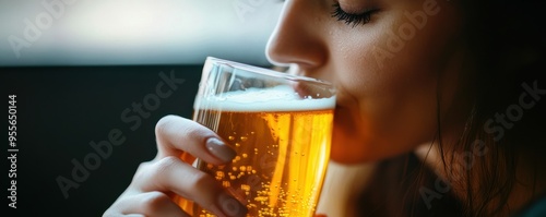 Close-up of a woman enjoying a refreshing sip of beer in a calm atmosphere, capturing the essence of relaxation and leisure time.