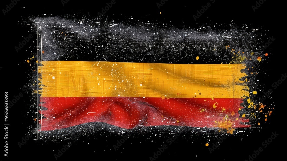 Obraz premium A flag with a red stripe and yellow stripe is shown in a blurry, grainy style