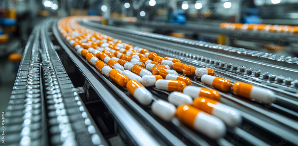 A conveyor belt with many orange and white pills on it A conveyor belt with many orange and white pills on it