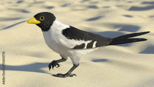 Elegant black and white bird with a bright yellow beak on sandy ground photo