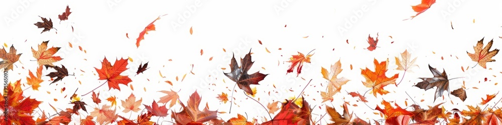 autumn leaves falling on white background.
