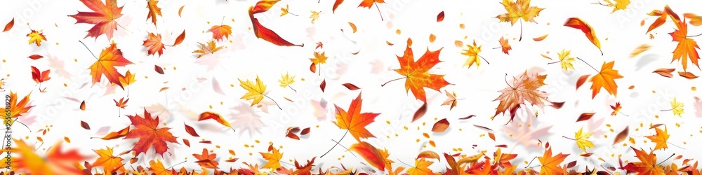 autumn leaves falling on white background.